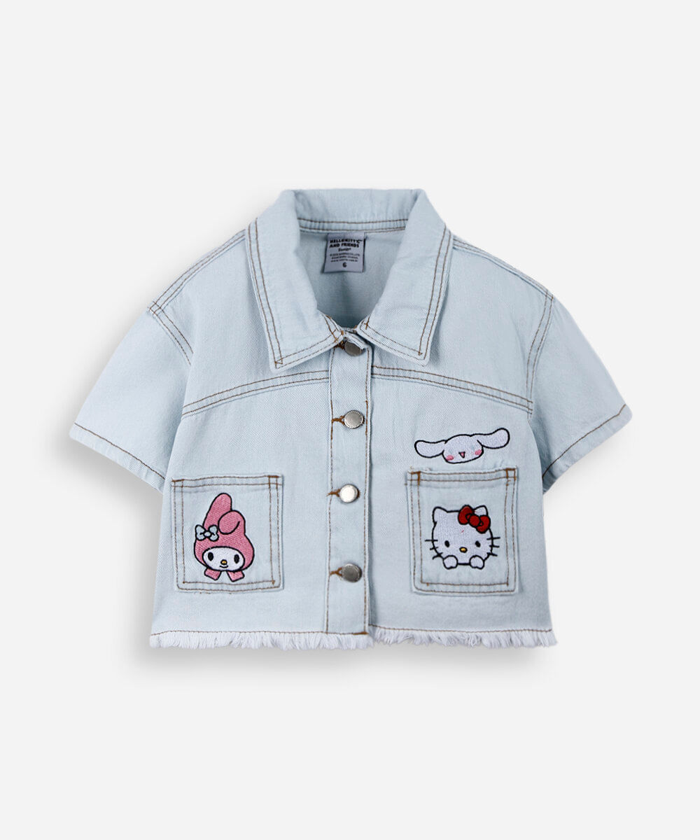 camisa infantil jeans bordado hello kitty azul