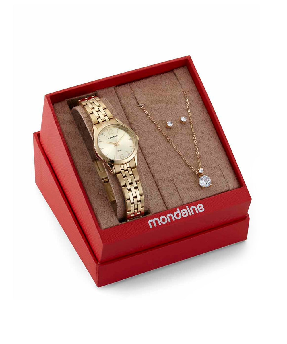 kit relógio feminino mondaine analógico 32606lpmkde1k1 dourado