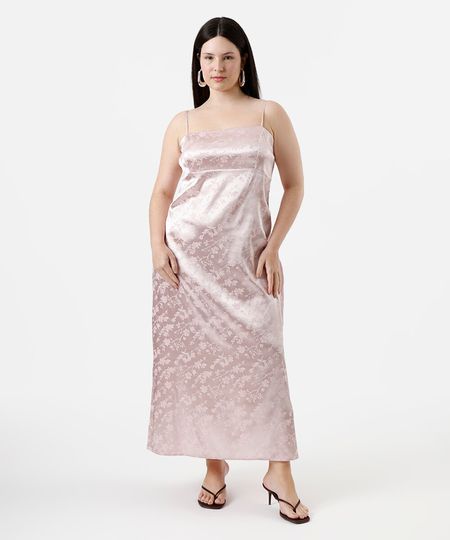 vestido midi plus size alça fina feminino floral acetinado rosa GG2 vestido midi plus size alça fina feminino floral acetinado rosa GG2