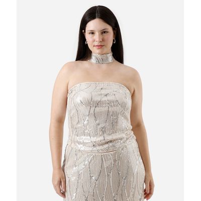 blusa sem alça feminina de paetê com lenço mindset plus size bege