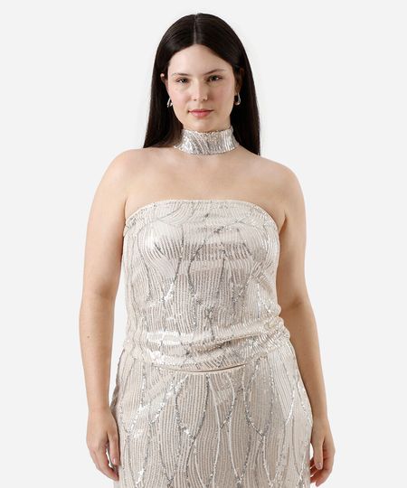 blusa sem alça feminina de paetê com lenço mindset plus size bege GG1