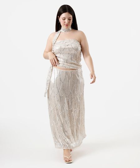 saia longa feminina de paetê mindset plus size bege GG2 saia longa feminina de paetê mindset plus size bege GG2