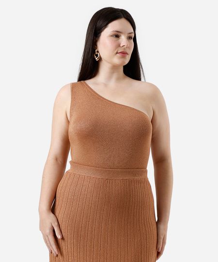 bulsa ombro único feminina de tricot com lurex plus size marrom GG1