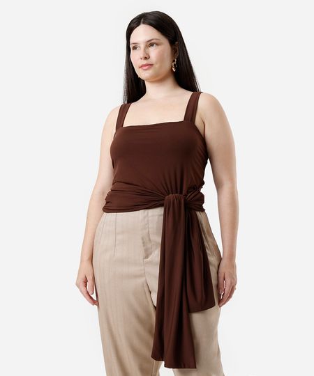 blusa feminina decote quadrado com amarração plus size marrom GG1
