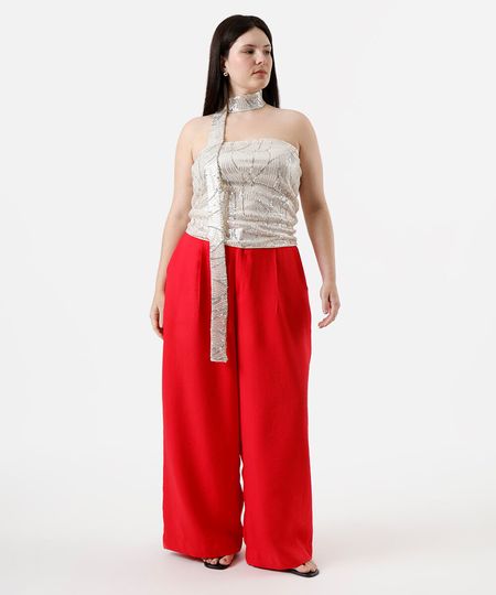 calça alfaiataria com prega e bolso plus size vermelha 48