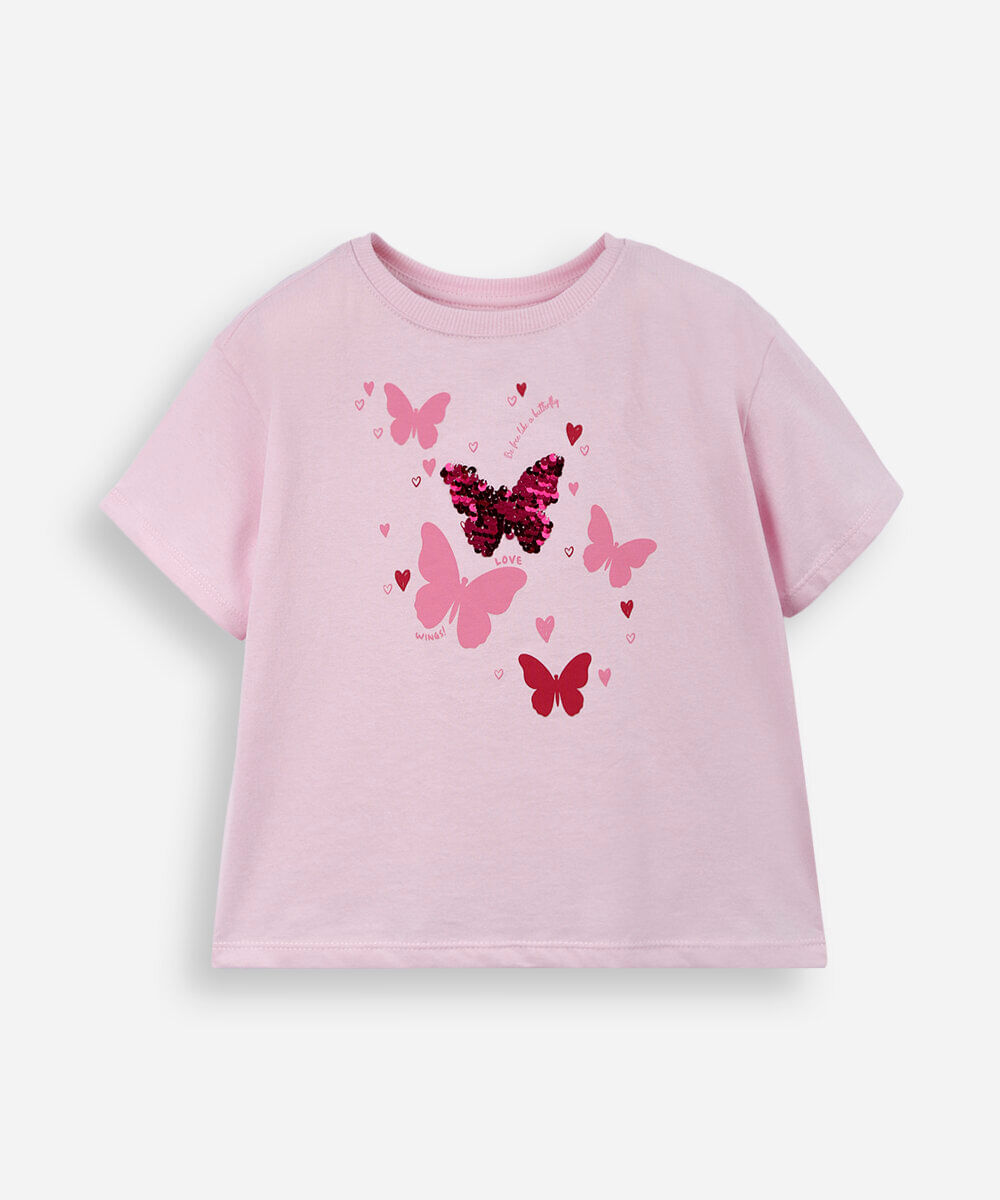 camiseta infantil de algodão borboleta estampada rosa