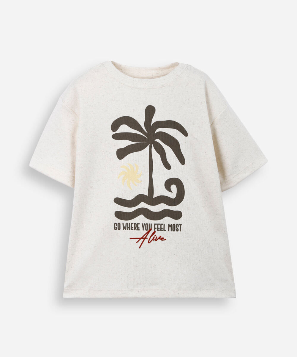 camiseta infantil manga curta estampada bege