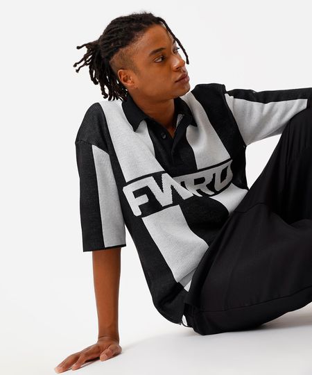 polo box fit masculina de tricot listrada preta P polo box fit masculina de tricot listrada preta P