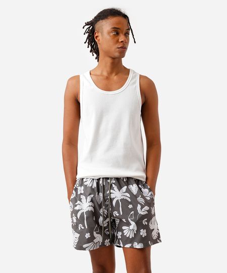 short masculino cós elástico folhagens verde G