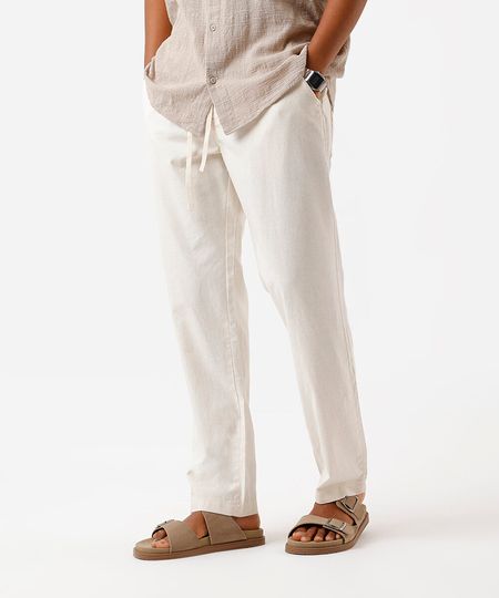 calça reta masculina de sarja com linho cós elástico off white M calça reta masculina de sarja com linho cós elástico off white M