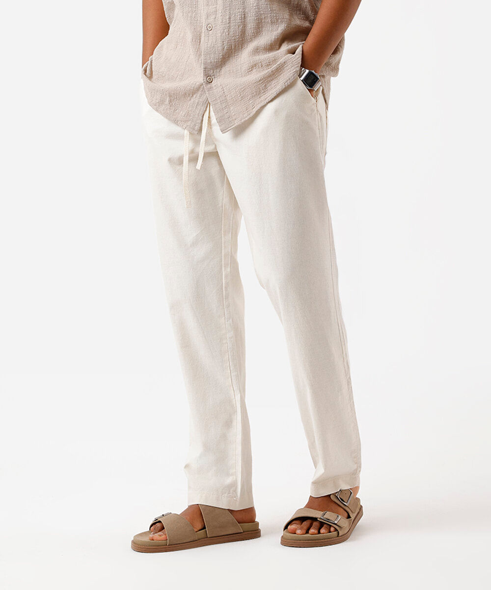 calça reta masculina de sarja com linho cós elástico off white