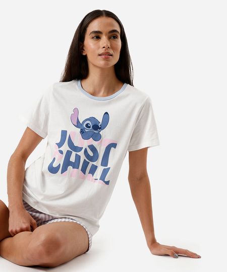 pijama short doll feminino de algodão stitch azul P