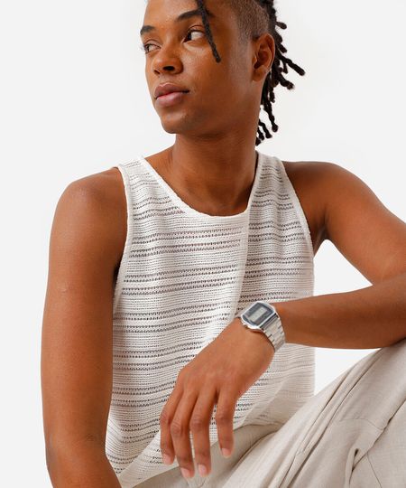 regata masculina de tricot listrada branca M regata masculina de tricot listrada branca M