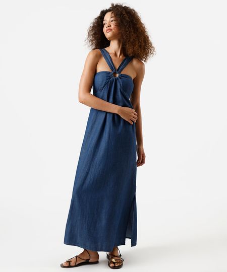 vestido midi feminino jeans com fenda azul M