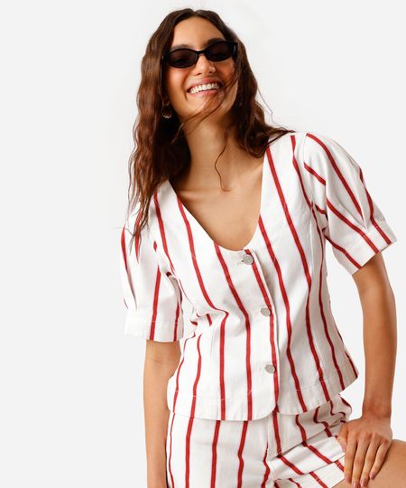 blusa feminina de sarja manga bufante listrada off white PP