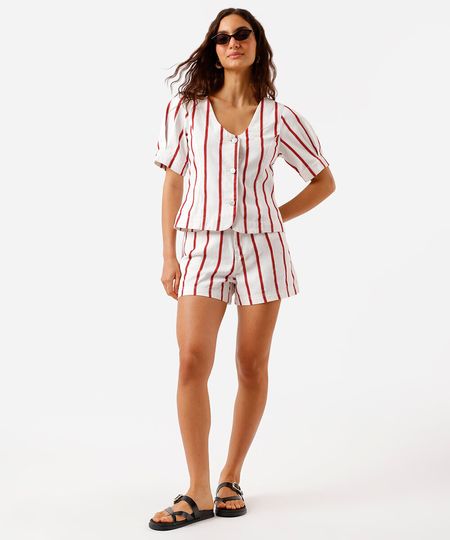 short feminino de sarja cintura alta listrado off white 36