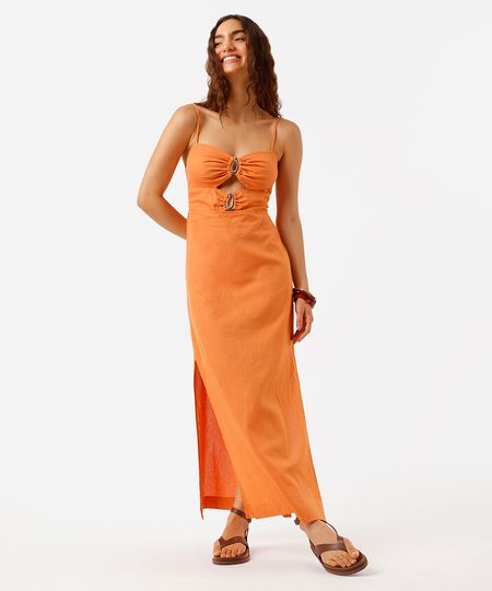 vestido longo alça feminino com linho e recortes laranja P