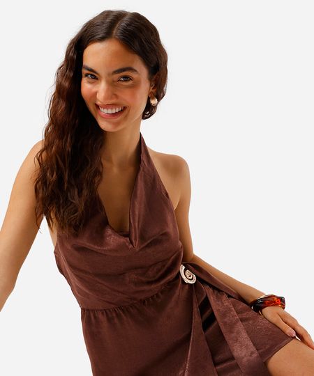 vestido curto feminino frente única acetinado marrom M vestido curto feminino frente única acetinado marrom M