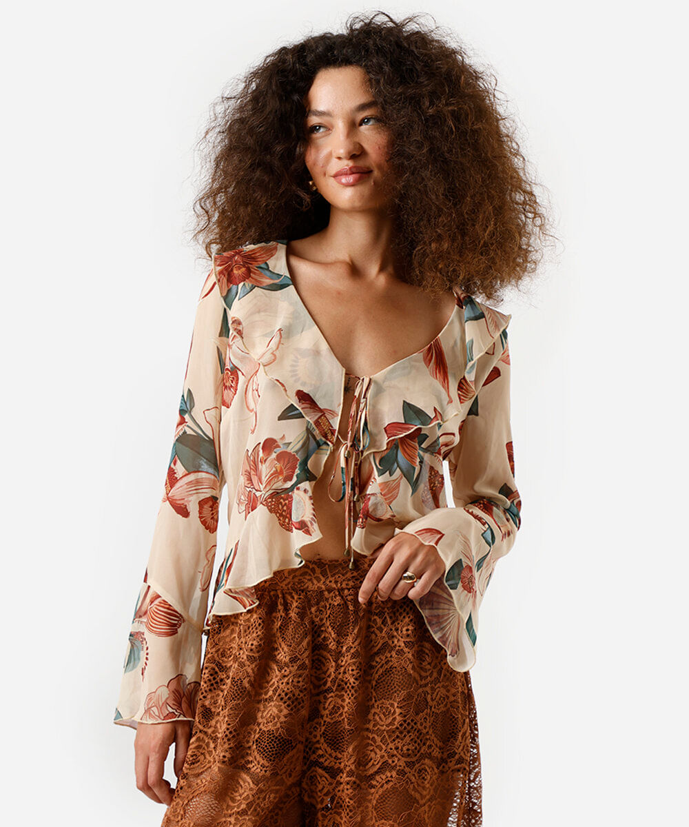 blusa feminina com manga longa babados e amarração floral colorida