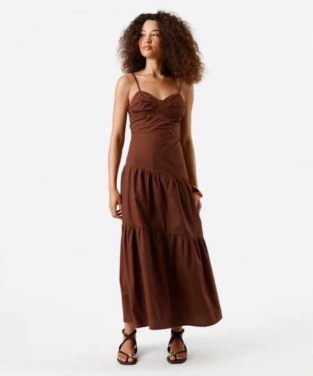 vestido longo alça fina feminino de algodão com recortes marrom PP