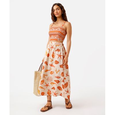 saia midi godê feminina de algodão estampada bege