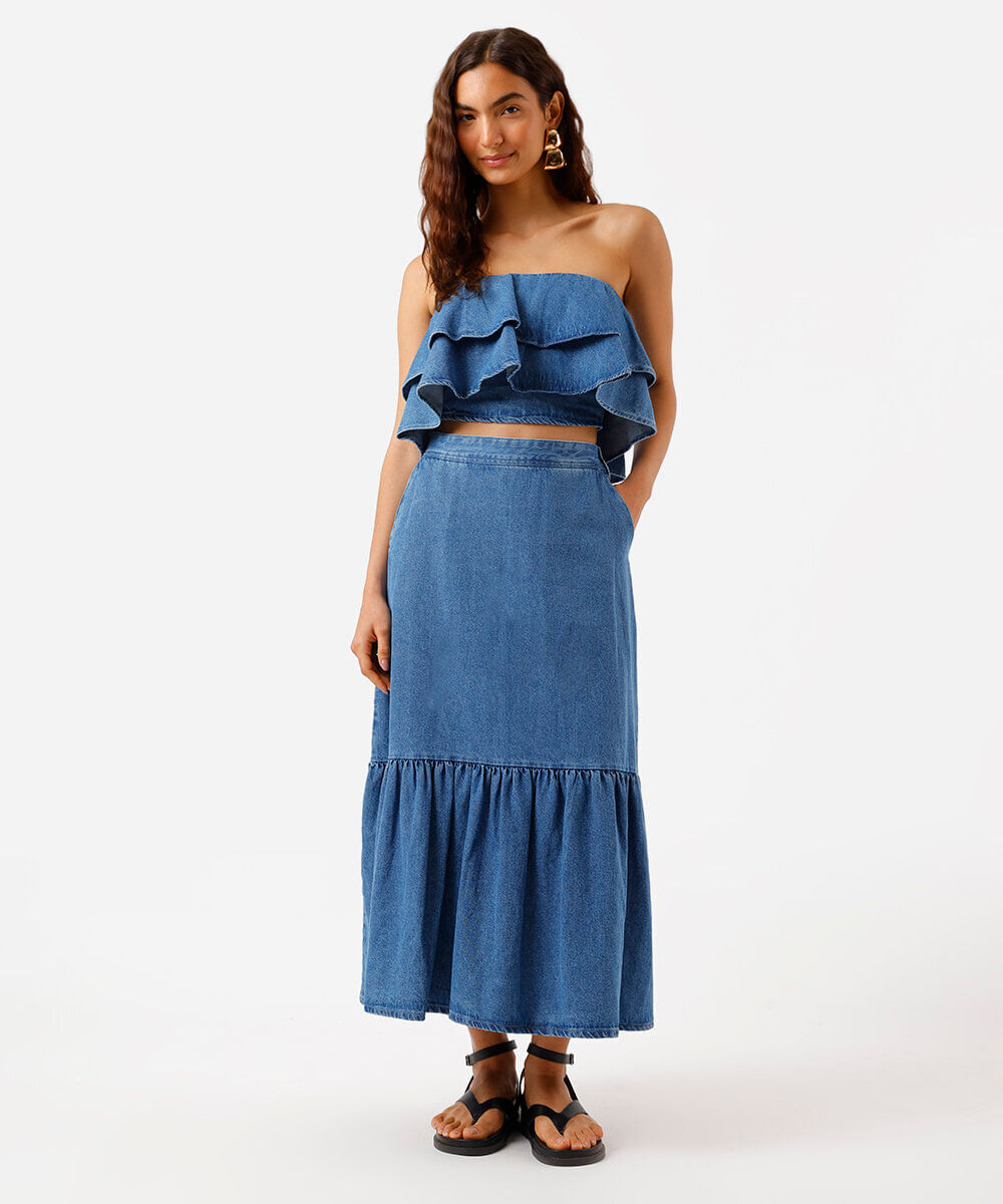 saia midi feminina jeans com recorte azul