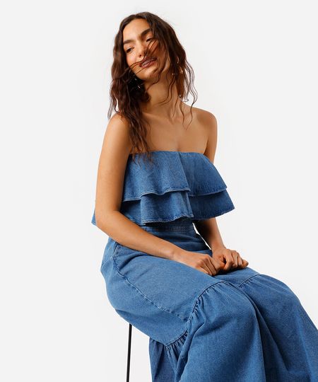 cropped sem alça feminino jeans com babados azul P