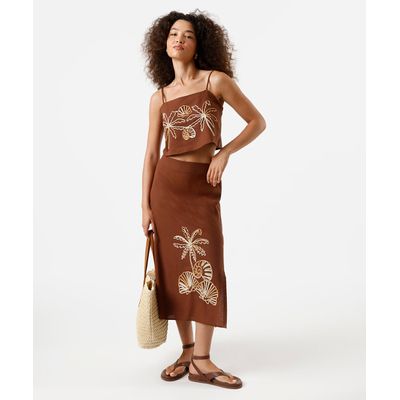 saia midi feminina com e fenda bordada marrom
