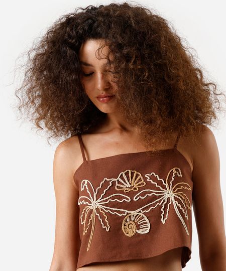 cropped feminino com linho bordado marrom PP