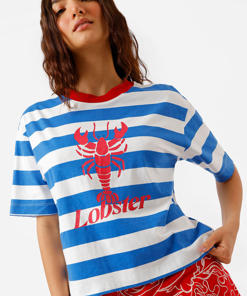 camiseta feminina de algodão lagosta listrada off white