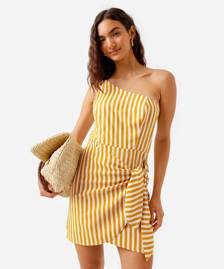 vestido curto ombro único feminino com linho listrado amarelo PP vestido curto ombro único feminino com linho listrado amarelo PP