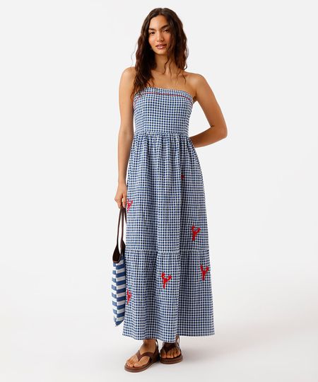 vestido sem alça feminino de algodão com recorte e bordado xadrez azul PP