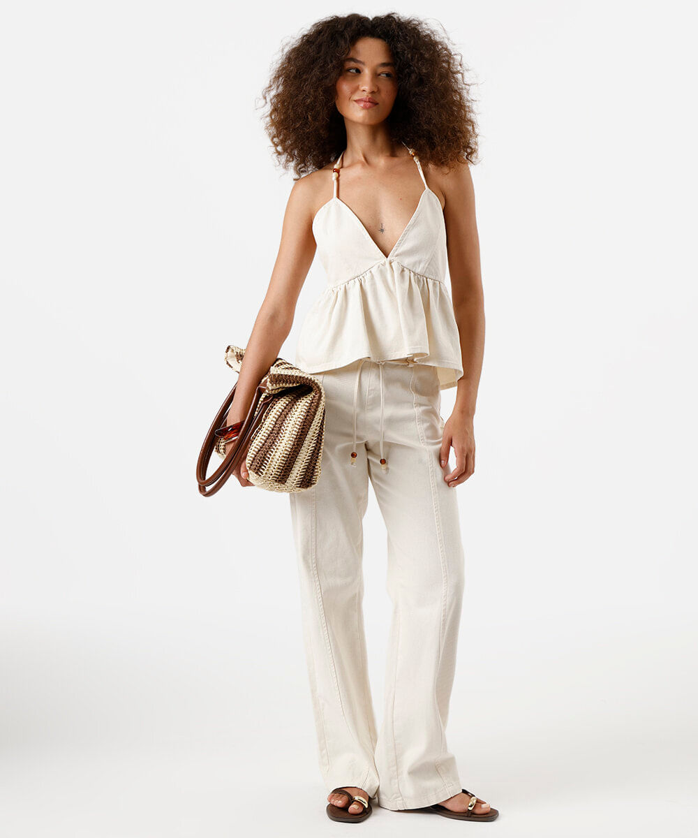 calça wide leg slim feminina de sarja com recorte off white