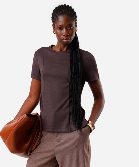 blusa peplum feminina com com viscose e recortes manga curta marrom P