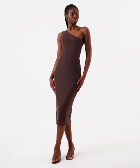 vestido midi ombro único feminino de algodão básico marrom PP vestido midi ombro único feminino de algodão básico marrom PP