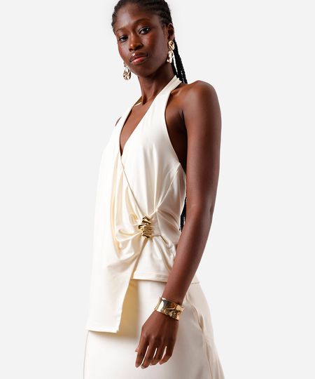 blusa frente única feminina transpassada com fivela off white G blusa frente única feminina transpassada com fivela off white G