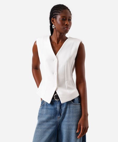 colete feminino decote v com pregas e recorte off white M colete feminino decote v com pregas e recorte off white M