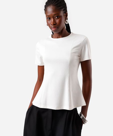 blusa peplum feminina com com viscose e recortes manga curta off white P