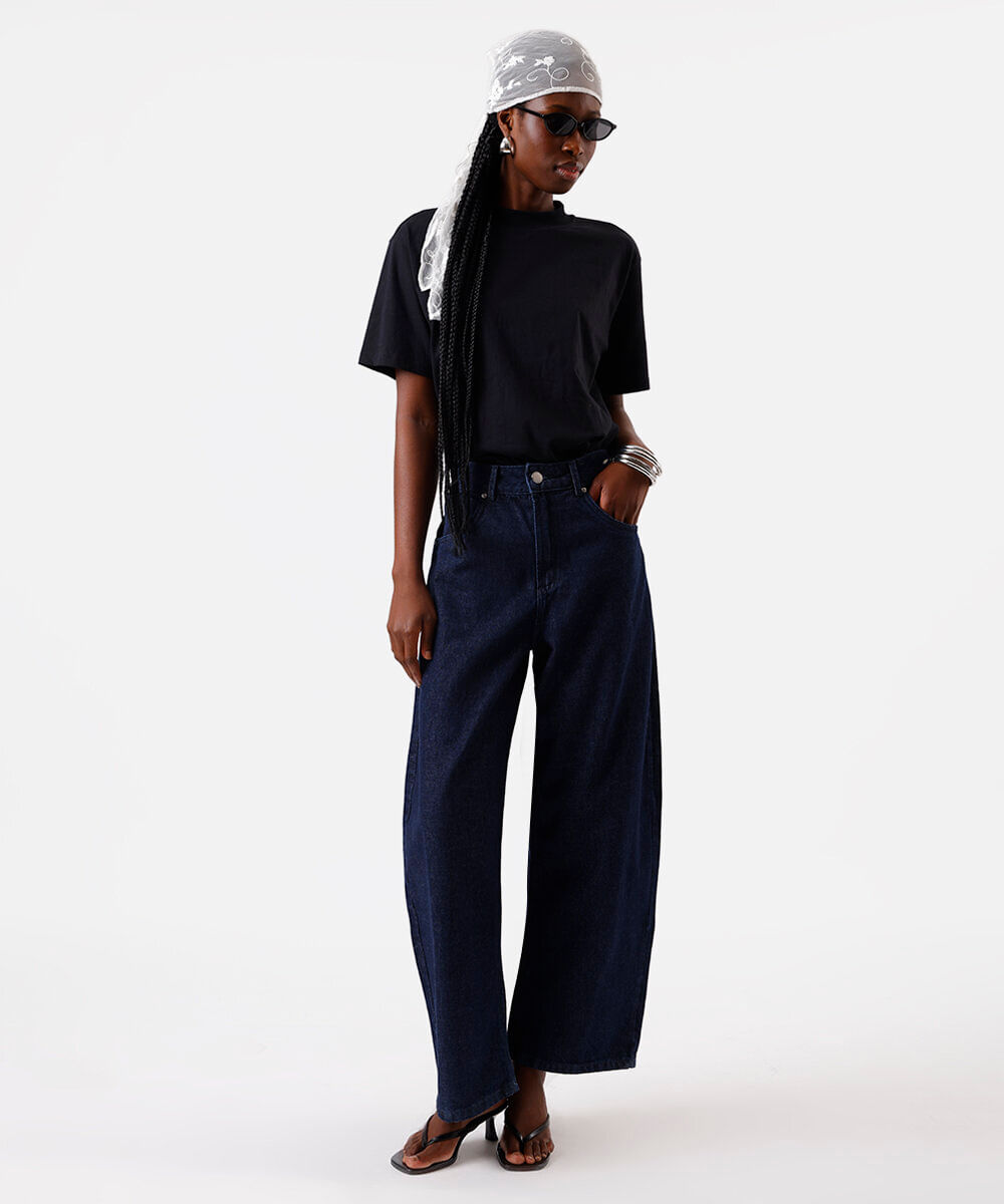 calça balloon feminina jeans cintura média azul