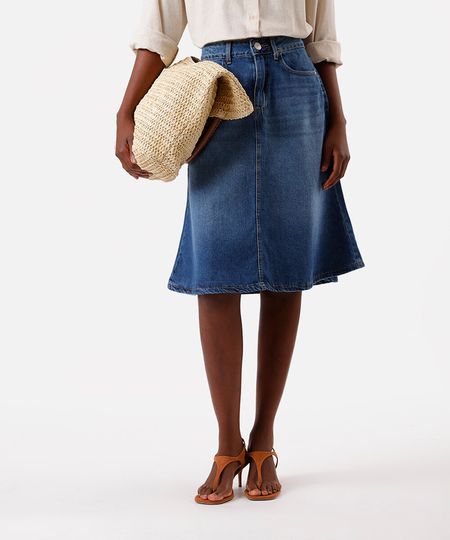 saia midi evasê feminina jeans azul 38