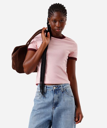 blusa baby look feminina de algodão básica bicolor rosa G