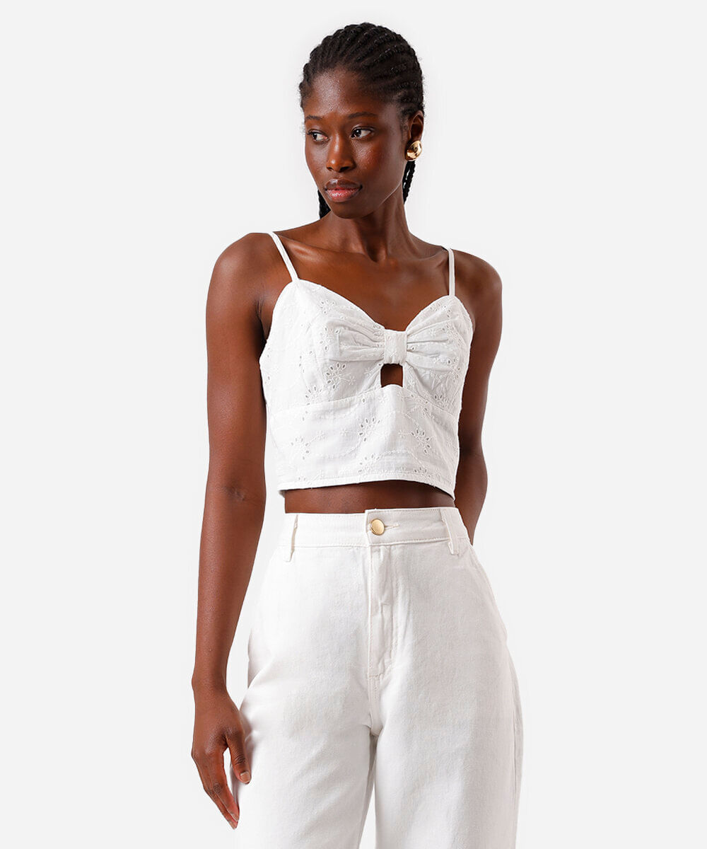 cropped feminino de laise alça fina com recorte off white