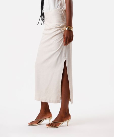 saia mídi linho cintura alta com fenda bege 42