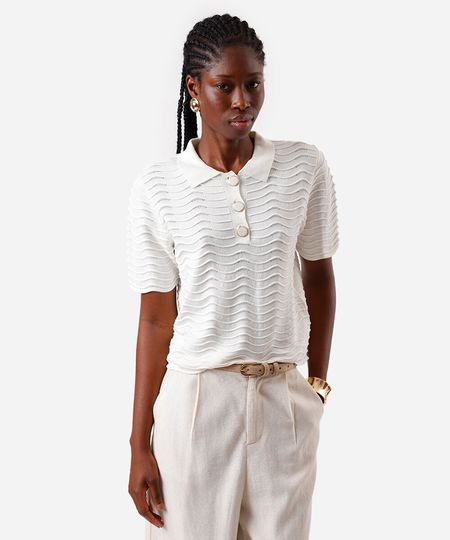 polo feminina de tricot texturizada off white PP