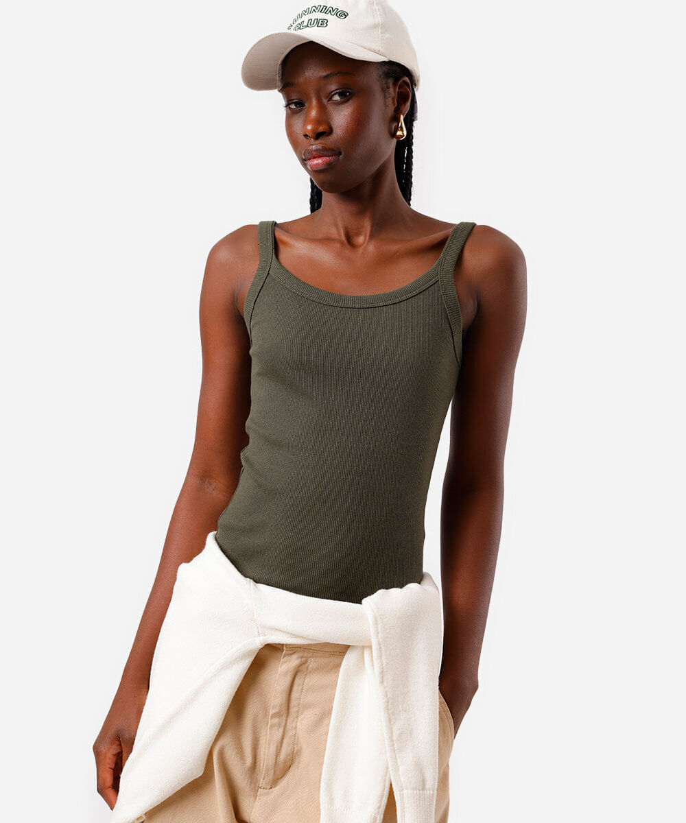 regata alça fina feminina de algodão canelada básica verde