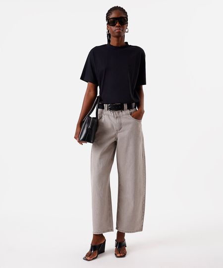 calça baggy feminina de sarja cintura média cinza 34 calça baggy feminina de sarja cintura média cinza 34