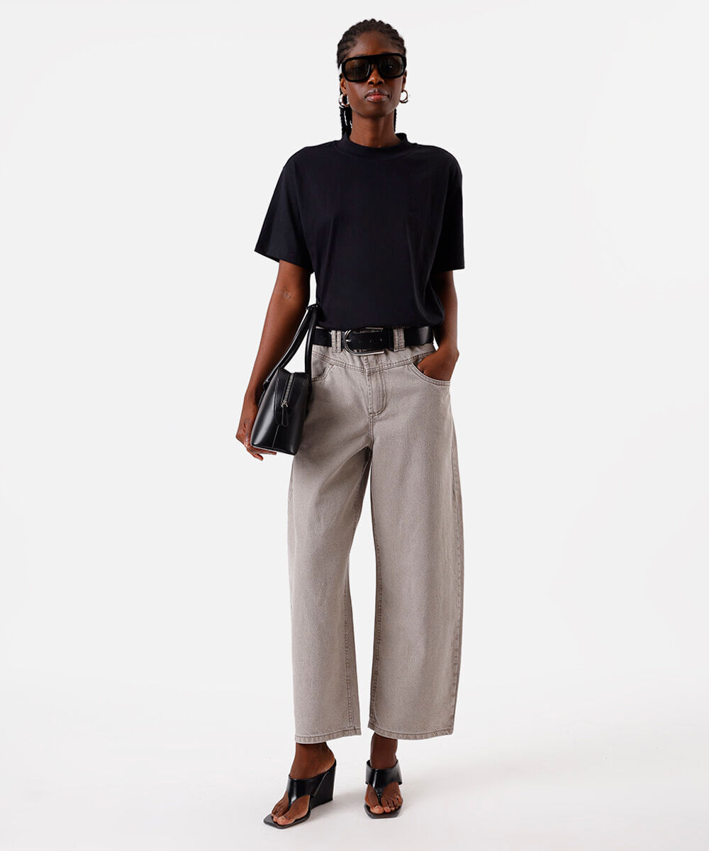 calça baggy feminina de sarja cintura média cinza