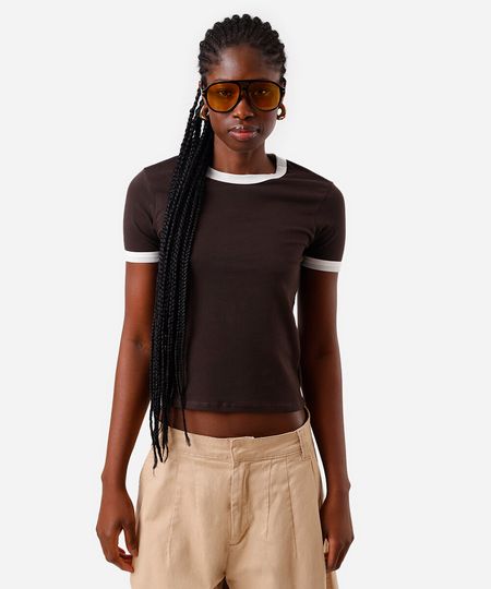 blusa baby look feminina de algodão básica bicolor marrom M blusa baby look feminina de algodão básica bicolor marrom M