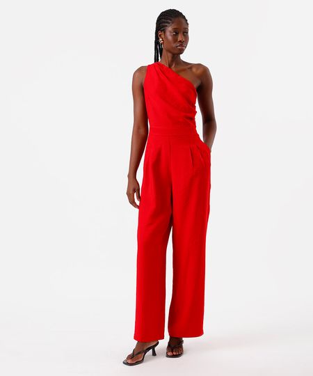 macacão ombro único feminino com viscose e pregas vermelho M macacão ombro único feminino com viscose e pregas vermelho M