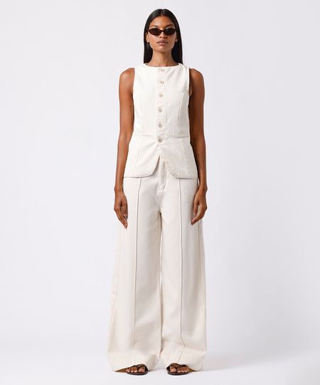 calça wide leg feminina de sarja com nervuras mindset off white 46 calça wide leg feminina de sarja com nervuras mindset off white 46